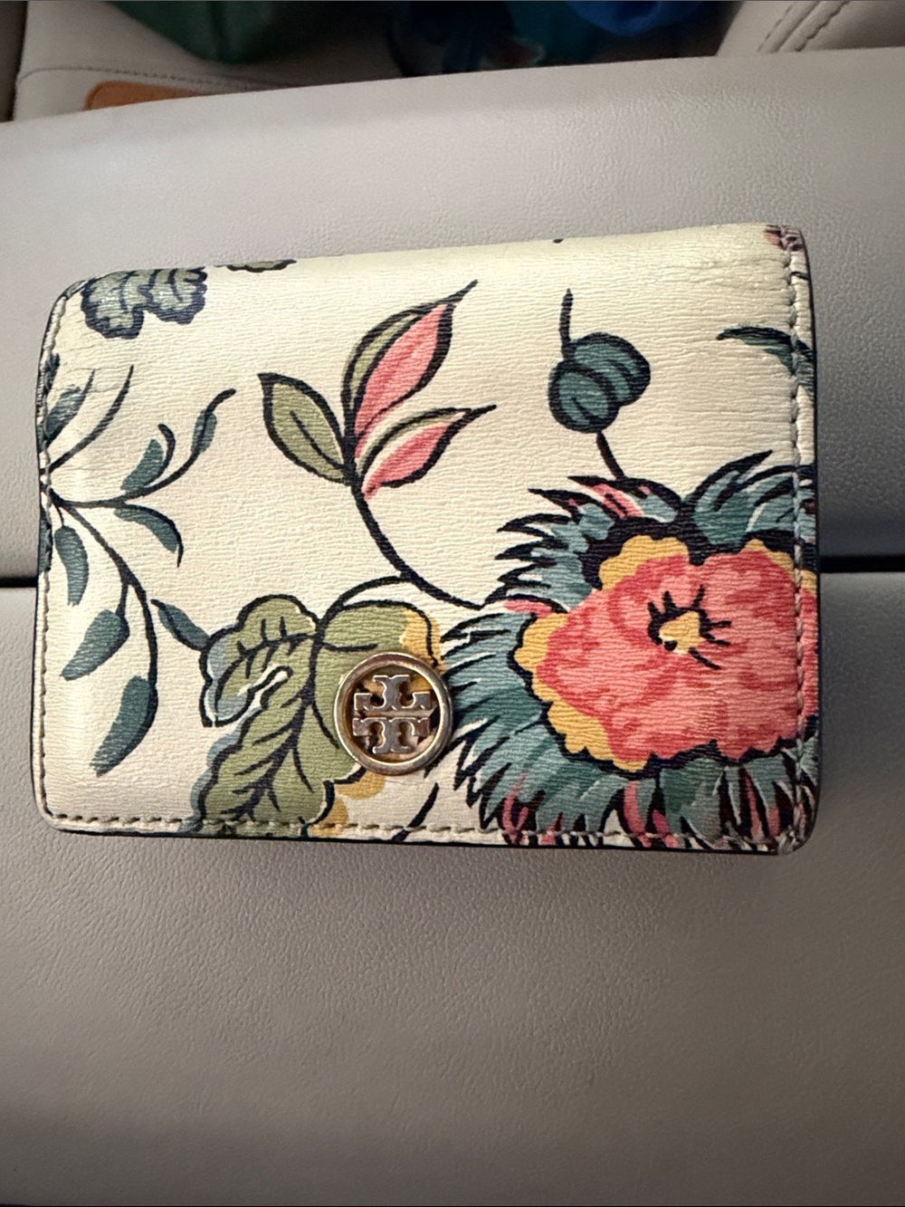 Tory Burch Floral Leather Small Wallet in Cream with Multicolor Print